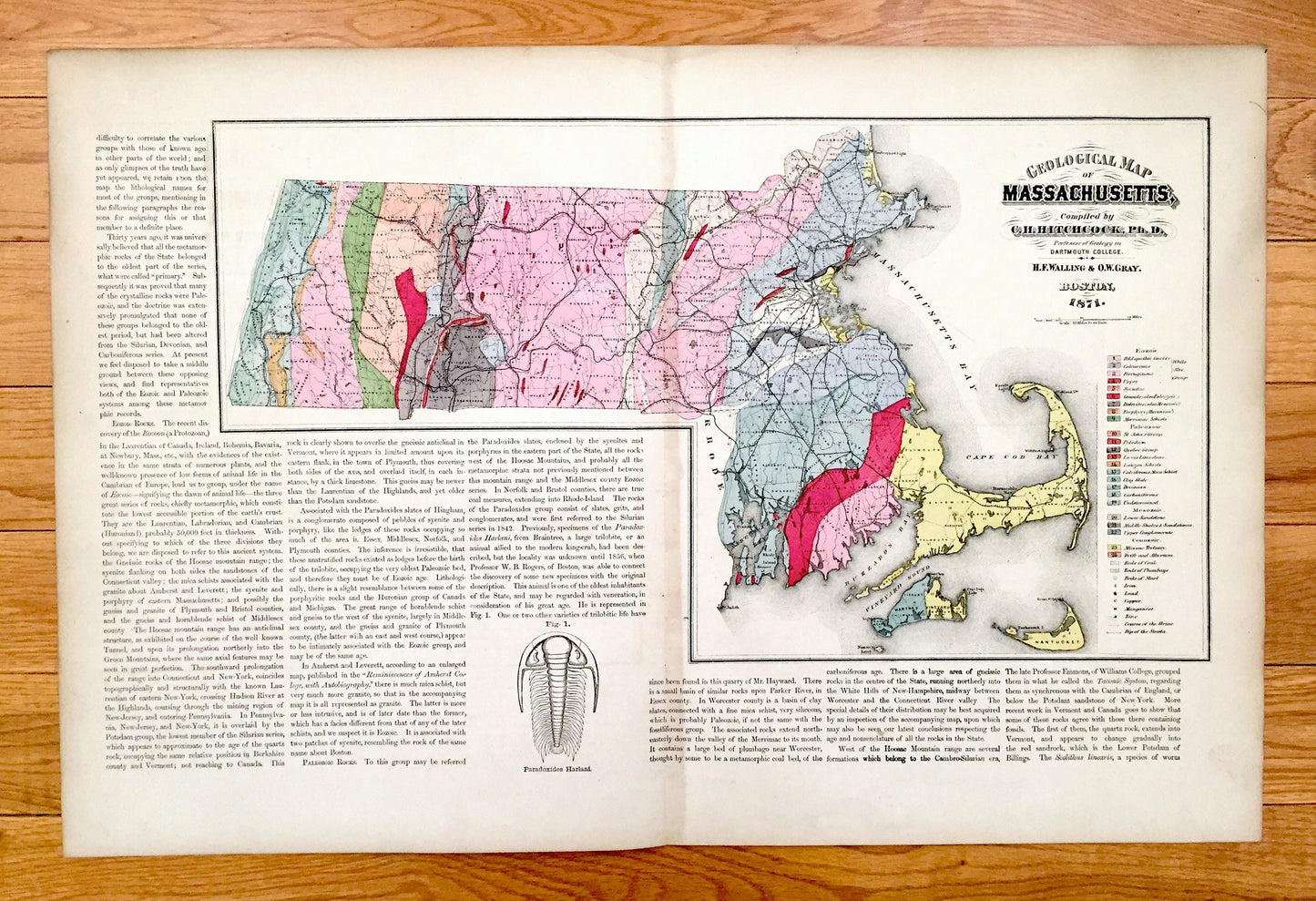 Antique 1871 Massachusetts Topographical Map from Stedman Brown & Lyon Atlas – Walling and Gray, Boston, Cape Cod, Berkshires, Middlesex, MA