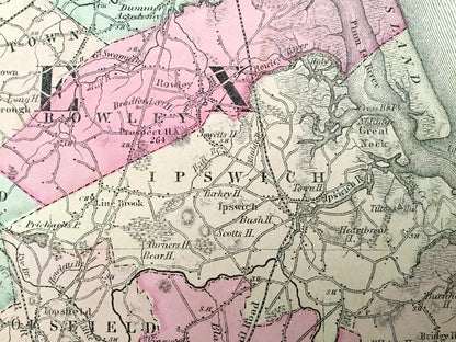 Antique 1871 Essex & Norfolk County, Massachusetts Topographical Map from Stedman Brown Lyon Atlas – Boston, Salem, Newburyport, Ipswich, MA