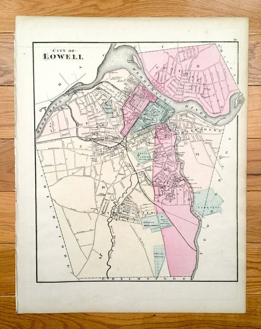 Antique 1871 Lowell & Lawrence, Massachusetts Double-Sided Topographical Map from Stedman and Lyon Atlas – Belvidere, Merrimack, Middlesex