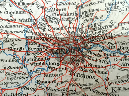 Antique 1927 England & Wales Map from Baedekers Atlas of Great Britain – Ireland, London, Brighton, Dover, Manchester, Leeds, Birmingham, UK