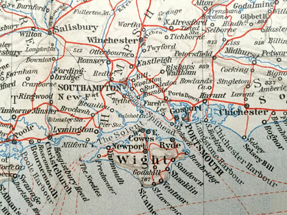 Antique 1927 England & Wales Map from Baedekers Atlas of Great Britain – Ireland, London, Brighton, Dover, Manchester, Leeds, Birmingham, UK