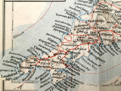Antique 1927 England & Wales Map from Baedekers Atlas of Great Britain – Ireland, London, Brighton, Dover, Manchester, Leeds, Birmingham, UK