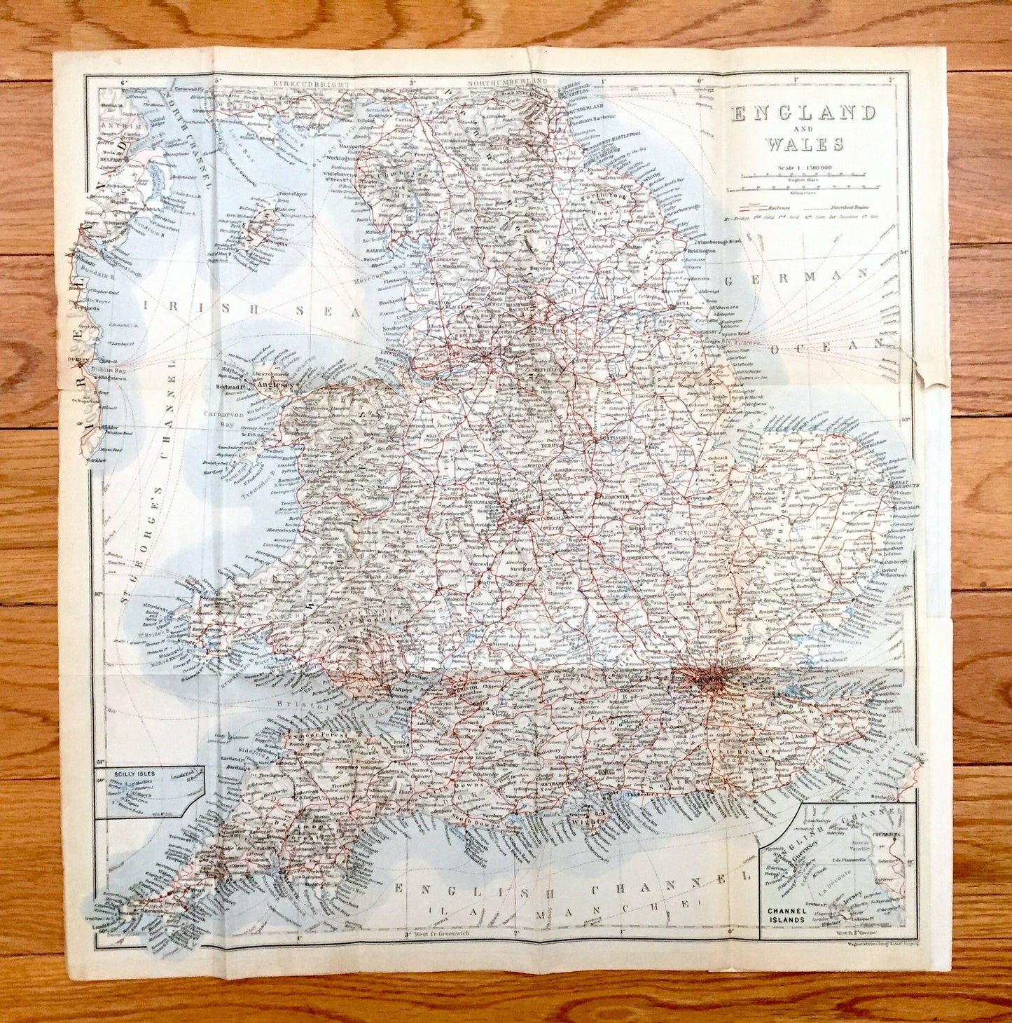Antique 1927 England & Wales Map from Baedekers Atlas of Great Britain – Ireland, London, Brighton, Dover, Manchester, Leeds, Birmingham, UK