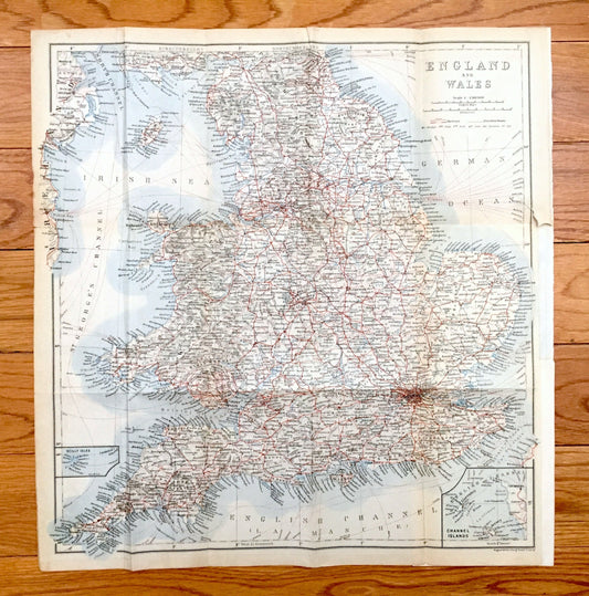 Antique 1927 England & Wales Map from Baedekers Atlas of Great Britain – Ireland, London, Brighton, Dover, Manchester, Leeds, Birmingham, UK