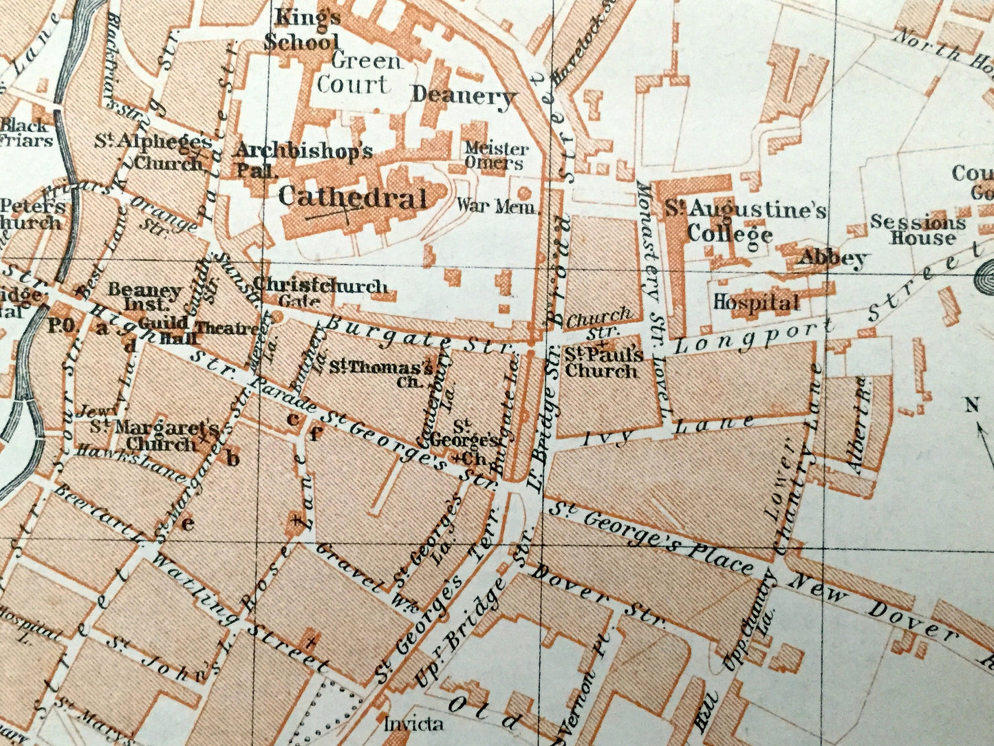 Antique 1927 Canterbury, England Map from Baedekers Atlas of Great Britain – Kent, St Augustines College, Whitefriars, Shakespeare, Tales
