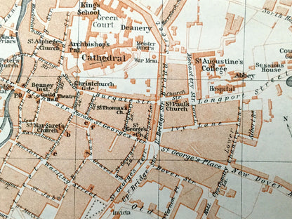 Antique 1927 Canterbury, England Map from Baedekers Atlas of Great Britain – Kent, St Augustines College, Whitefriars, Shakespeare, Tales