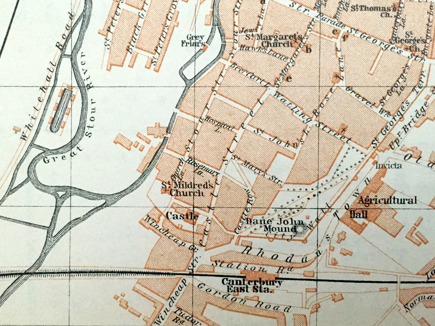 Antique 1927 Canterbury, England Map from Baedekers Atlas of Great Britain – Kent, St Augustines College, Whitefriars, Shakespeare, Tales