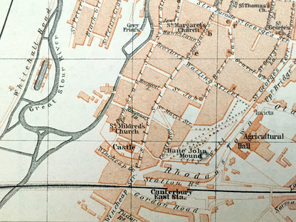Antique 1927 Canterbury, England Map from Baedekers Atlas of Great Britain – Kent, St Augustines College, Whitefriars, Shakespeare, Tales