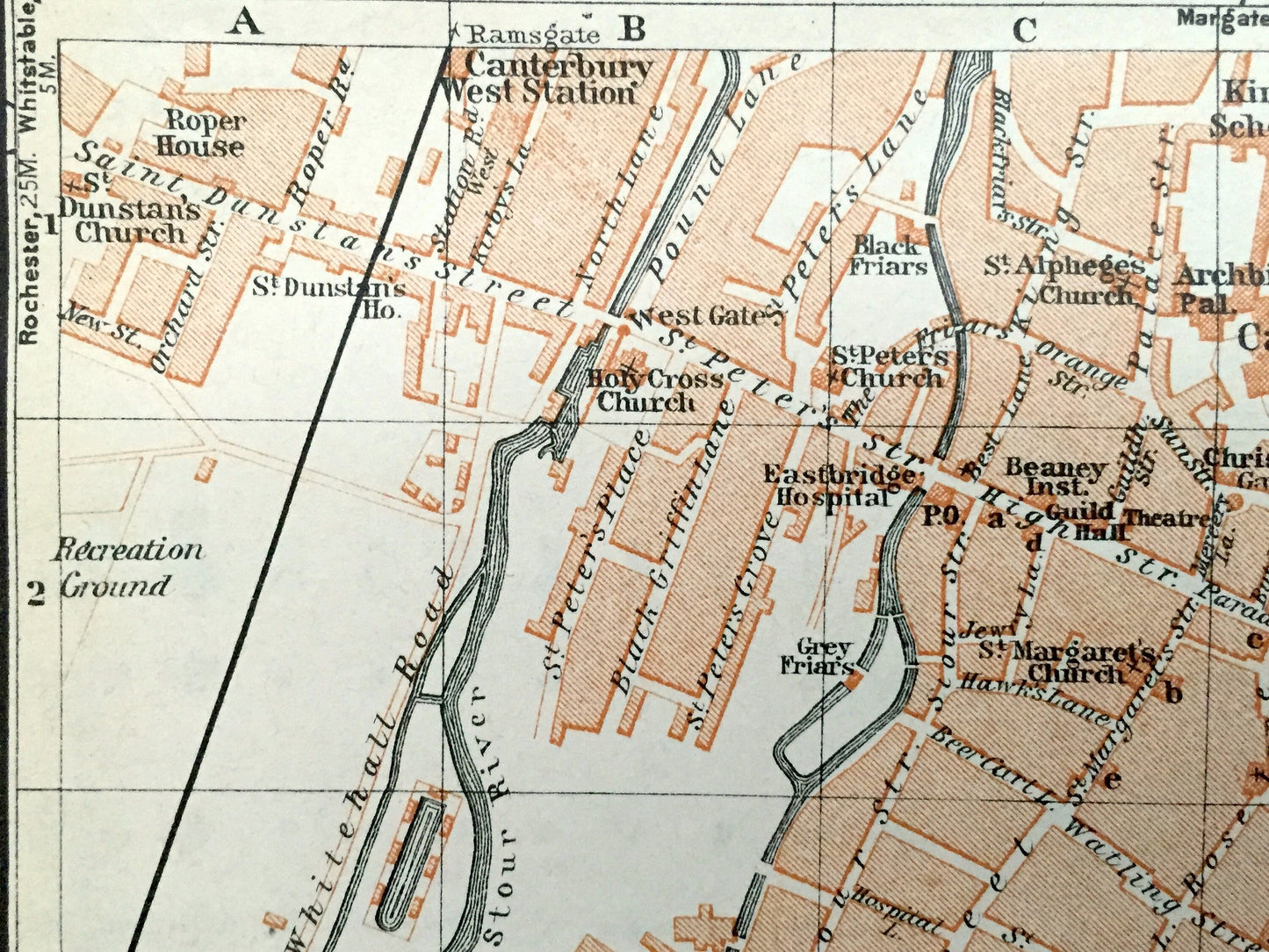 Antique 1927 Canterbury, England Map from Baedekers Atlas of Great Britain – Kent, St Augustines College, Whitefriars, Shakespeare, Tales