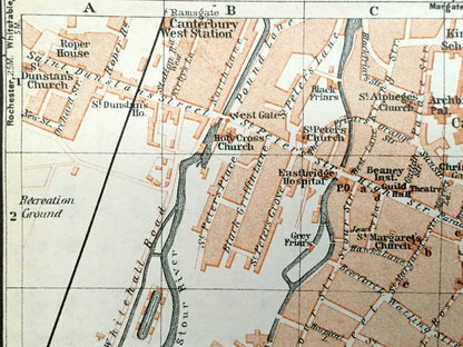 Antique 1927 Canterbury, England Map from Baedekers Atlas of Great Britain – Kent, St Augustines College, Whitefriars, Shakespeare, Tales