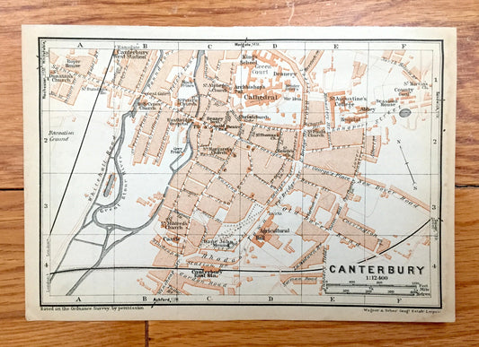 Antique 1927 Canterbury, England Map from Baedekers Atlas of Great Britain – Kent, St Augustines College, Whitefriars, Shakespeare, Tales