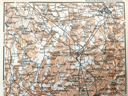 Antique 1927 Warwickshire County, England Map from Baedekers Atlas of Great Britain – West Midlands, Warwick, Leamington, Coventry Stratford