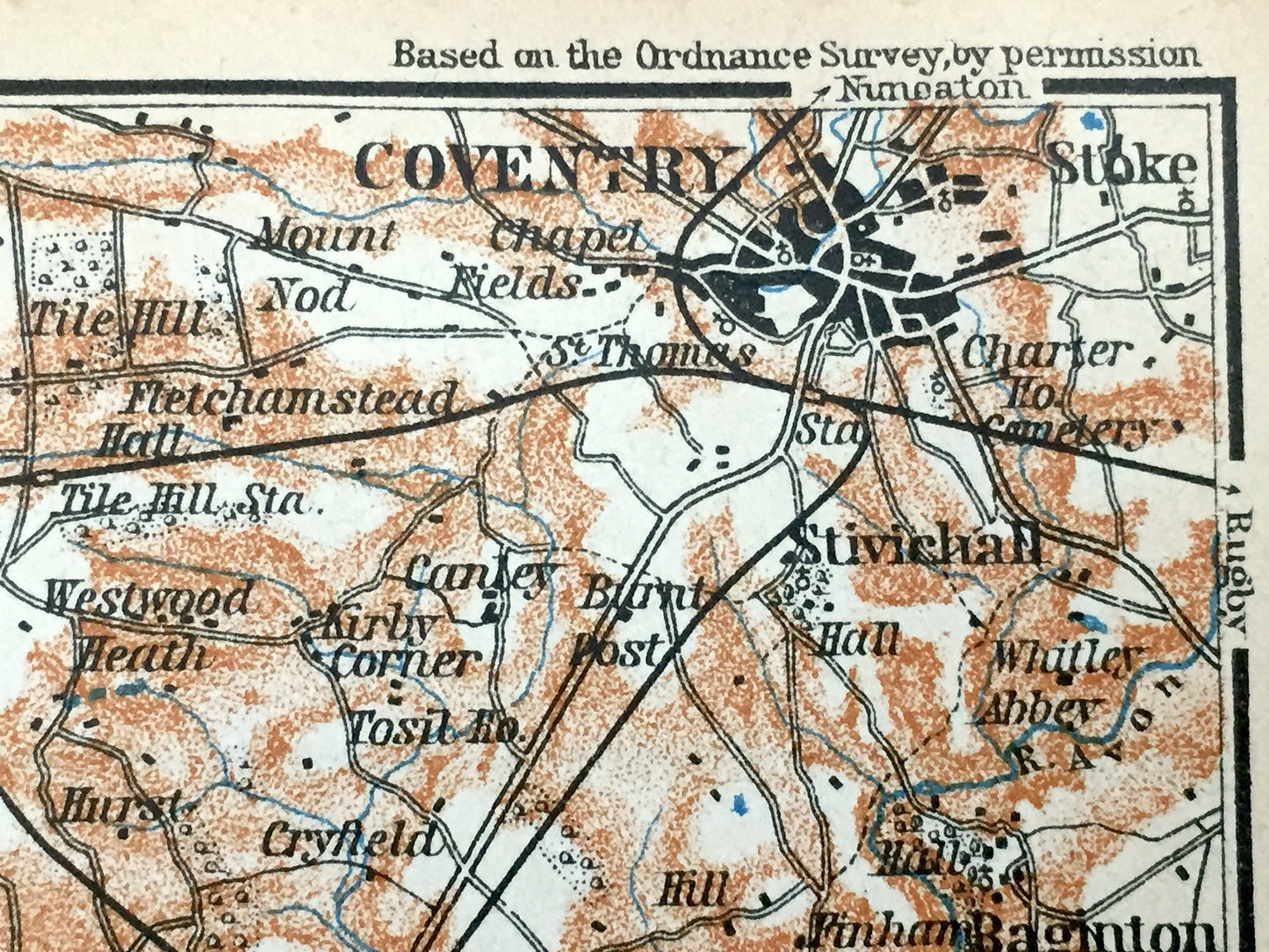 Antique 1927 Warwickshire County, England Map from Baedekers Atlas of Great Britain – West Midlands, Warwick, Leamington, Coventry Stratford