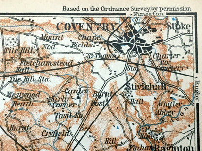 Antique 1927 Warwickshire County, England Map from Baedekers Atlas of Great Britain – West Midlands, Warwick, Leamington, Coventry Stratford
