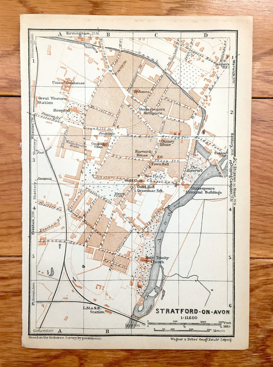 Antique 1927 Stratford-on-Avon, England Map from Baedekers Atlas of Great Britain – Warwickshire, Shakespeare's Birthplace, Elizabethan