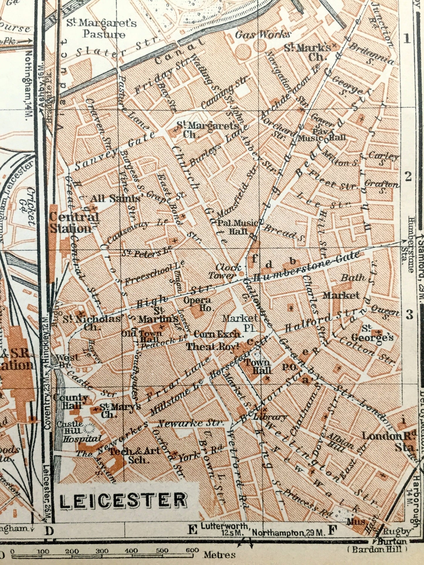 Antique 1927 Derby & Leicester, England Map from Baedekers Atlas of Great Britain – Derbyshire, East Midlands, River Derwent, Eagle Centre