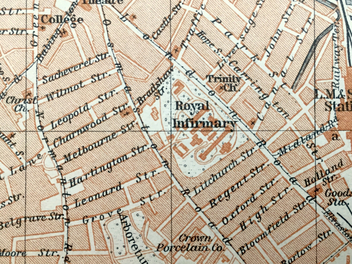 Antique 1927 Derby & Leicester, England Map from Baedekers Atlas of Great Britain – Derbyshire, East Midlands, River Derwent, Eagle Centre