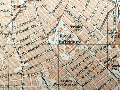 Antique 1927 Derby & Leicester, England Map from Baedekers Atlas of Great Britain – Derbyshire, East Midlands, River Derwent, Eagle Centre