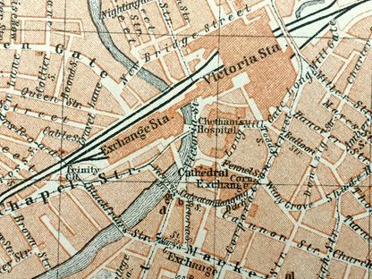 Antique 1927 Liverpool & Manchester, England Map from Baedekers Atlas of Great Britain – Lancashire, Merseyside, Cheshire, Birkenhead Mersey