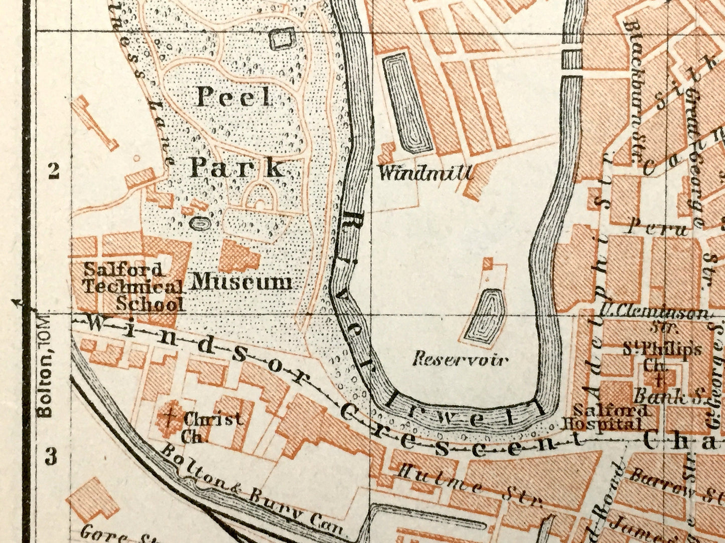 Antique 1927 Liverpool & Manchester, England Map from Baedekers Atlas of Great Britain – Lancashire, Merseyside, Cheshire, Birkenhead Mersey