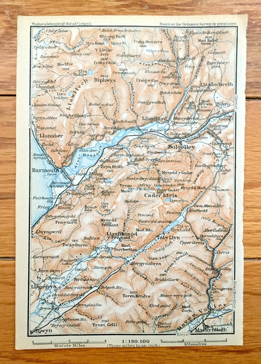 Antique 1927 Gwynedd, Wales Map from Baedekers Atlas of Great Britain – River Mawddach, Barmouth, Dolgelley, Llwyngwril Llanaber Cader Idris