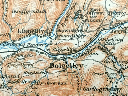 Antique 1927 Gwynedd, Wales Map from Baedekers Atlas of Great Britain – River Mawddach, Barmouth, Dolgelley, Llwyngwril Llanaber Cader Idris