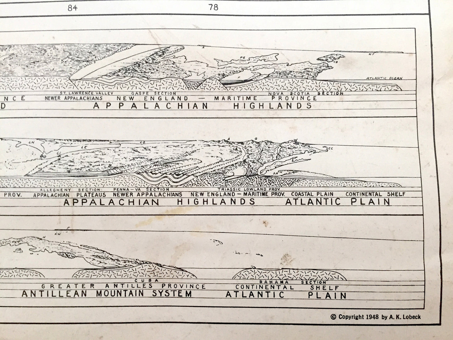 Antique 1948 Physiographic Diagram and Provinces of North America – United States, Canada, Mexico, West Indies, Greenland, Antilles