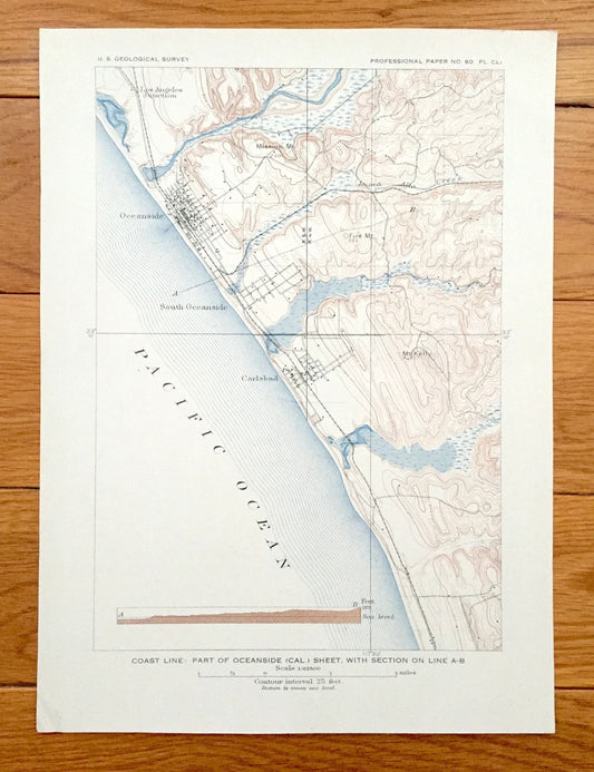 Antique Oceanside, California 1901 US Geological Survey Topographic Map – San Luis Rey, Encinitas, Escondido, Carlsbad, Los Angeles Junction