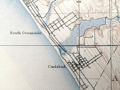 Antique Oceanside, California 1898 US Geological Survey Topographic Map – San Luis Rey, Encinitas, Escondido, Carlsbad, Santa Rosa, Merle CA