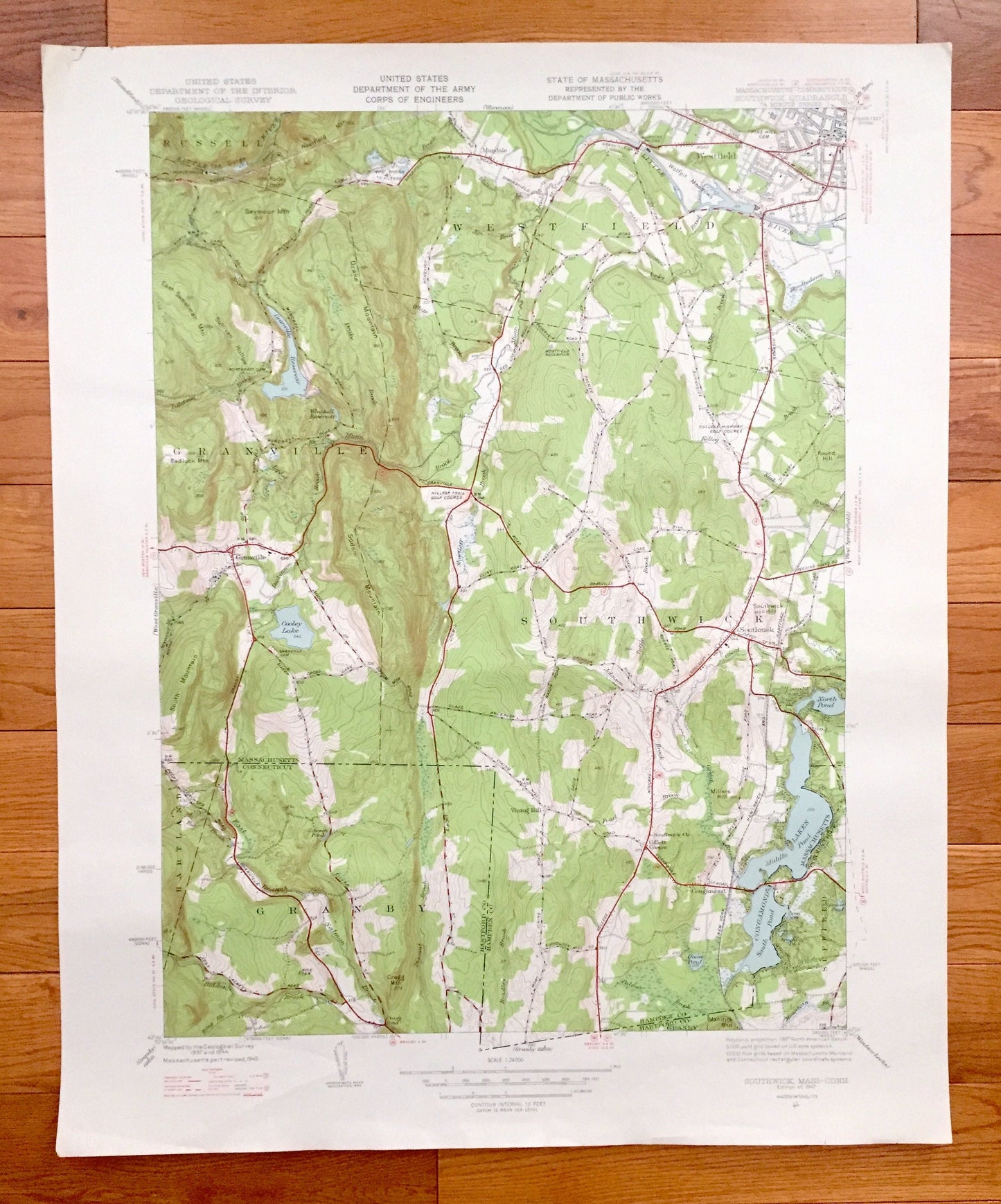 Antique Southwick, Massachusetts 1947 US Geological Survey Topographic Map – Hampden County, Westfield, Russell, Granville Congamond Pond MA