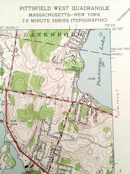 Antique Pittsfield West, Massachusetts 1944 US Geological Survey Topographic Map – Berkshire County, Hancock, Lanesboro, Lenox Berkshires ME