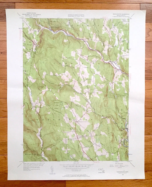 Antique Worthington, Massachusetts 1956 US Geological Survey Topographic Map – Hampshire County, Plainfield, Cummington, Chesterfield, Peru