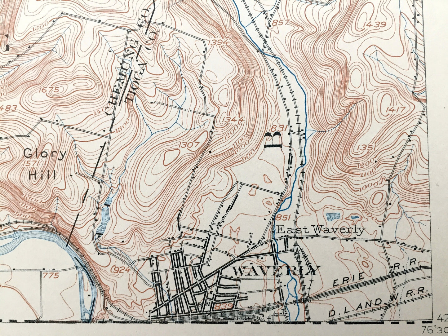 Antique Waverly, New York 1902 US Geological Survey Topographic Map – Wellsburg, Lockwood, Spencer, Tioga, Chemung, Schuyler County, Barton
