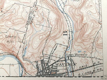 Antique Waverly, New York 1902 US Geological Survey Topographic Map – Wellsburg, Lockwood, Spencer, Tioga, Chemung, Schuyler County, Barton