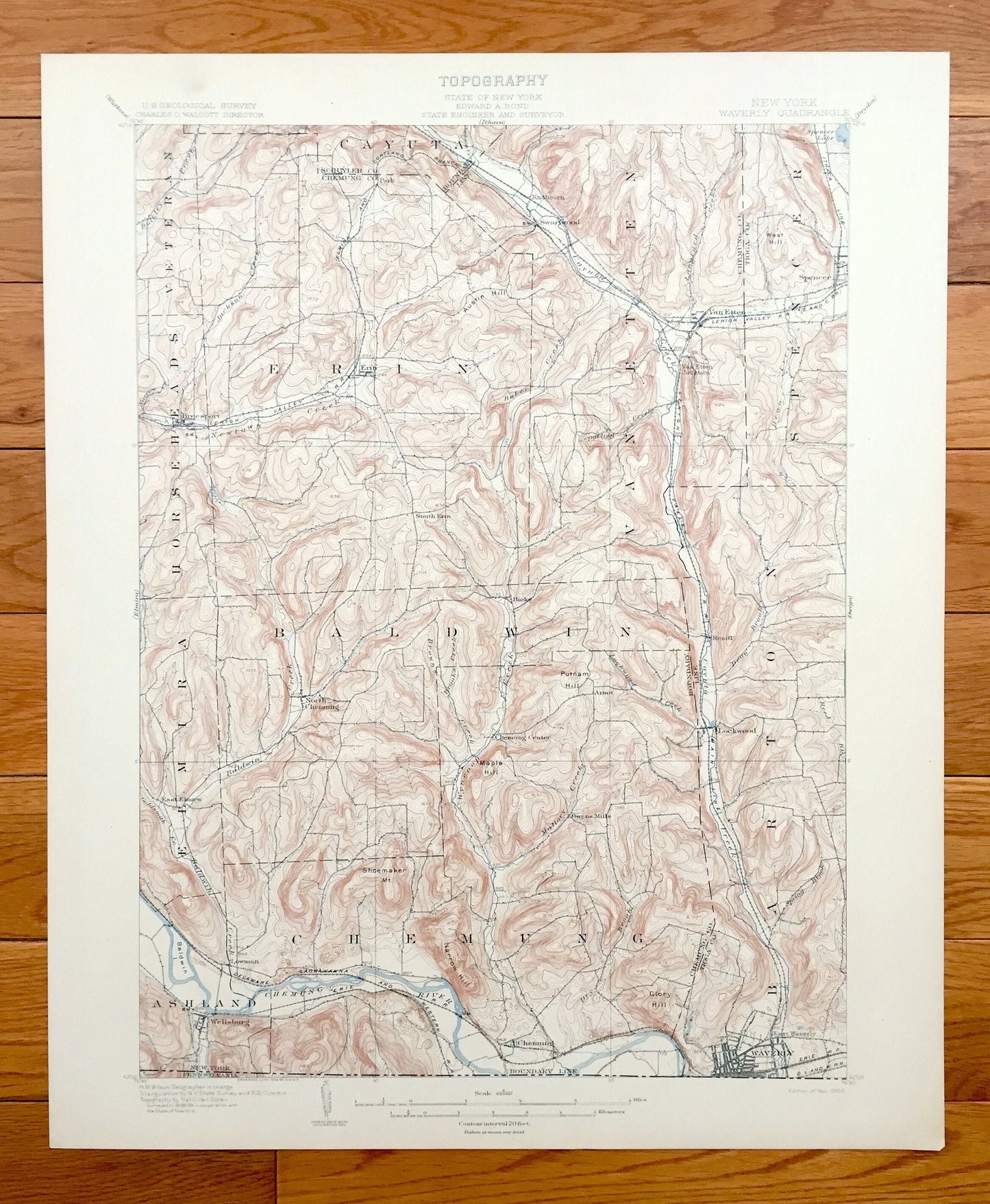 Antique Waverly, New York 1902 US Geological Survey Topographic Map – Wellsburg, Lockwood, Spencer, Tioga, Chemung, Schuyler County, Barton
