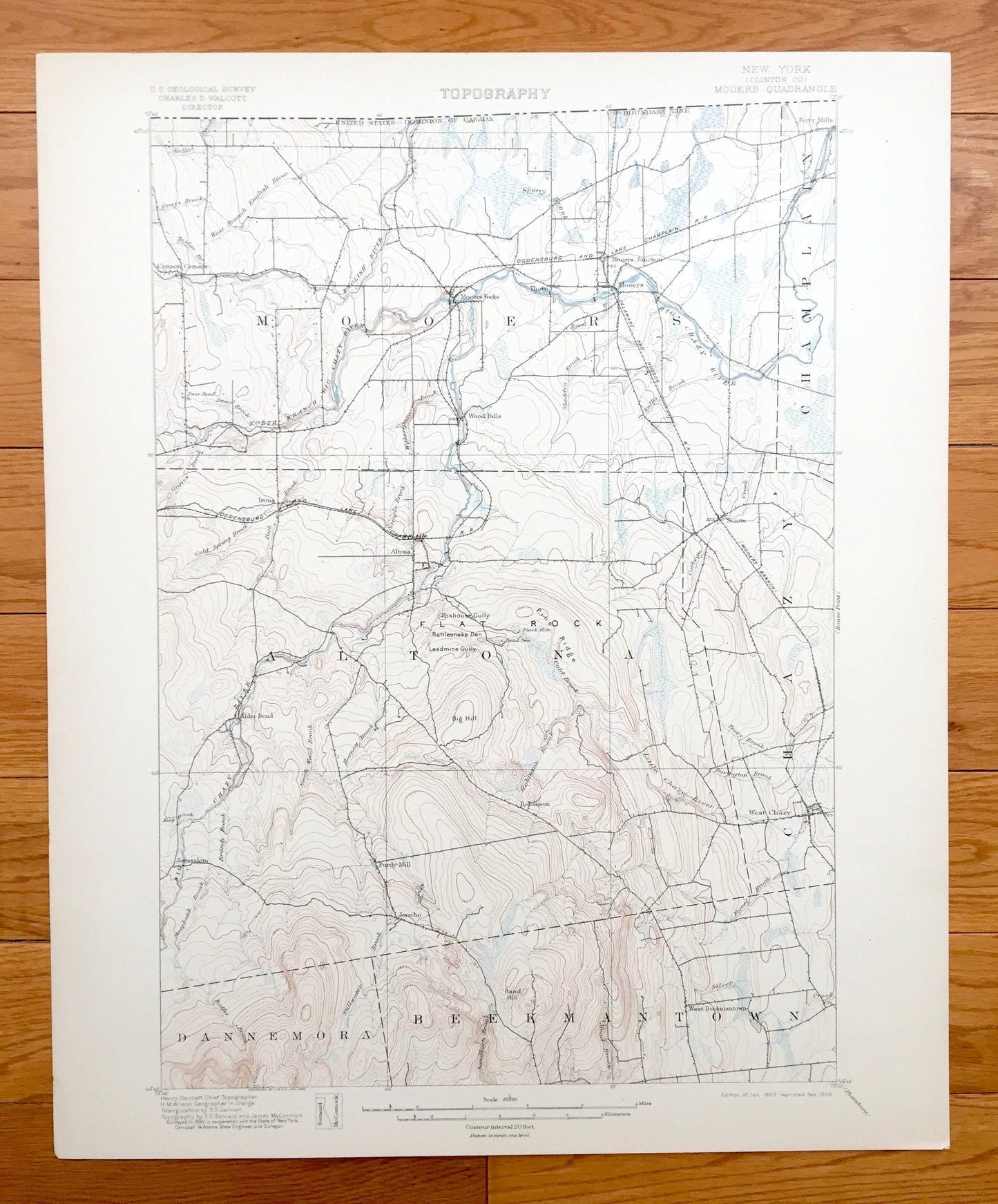 Antique Mooers, New York 1899 US Geological Survey Topographic Map – Adirondacks, Chazy, Champlain, Altona, Beekmantown, Clinton County, NY
