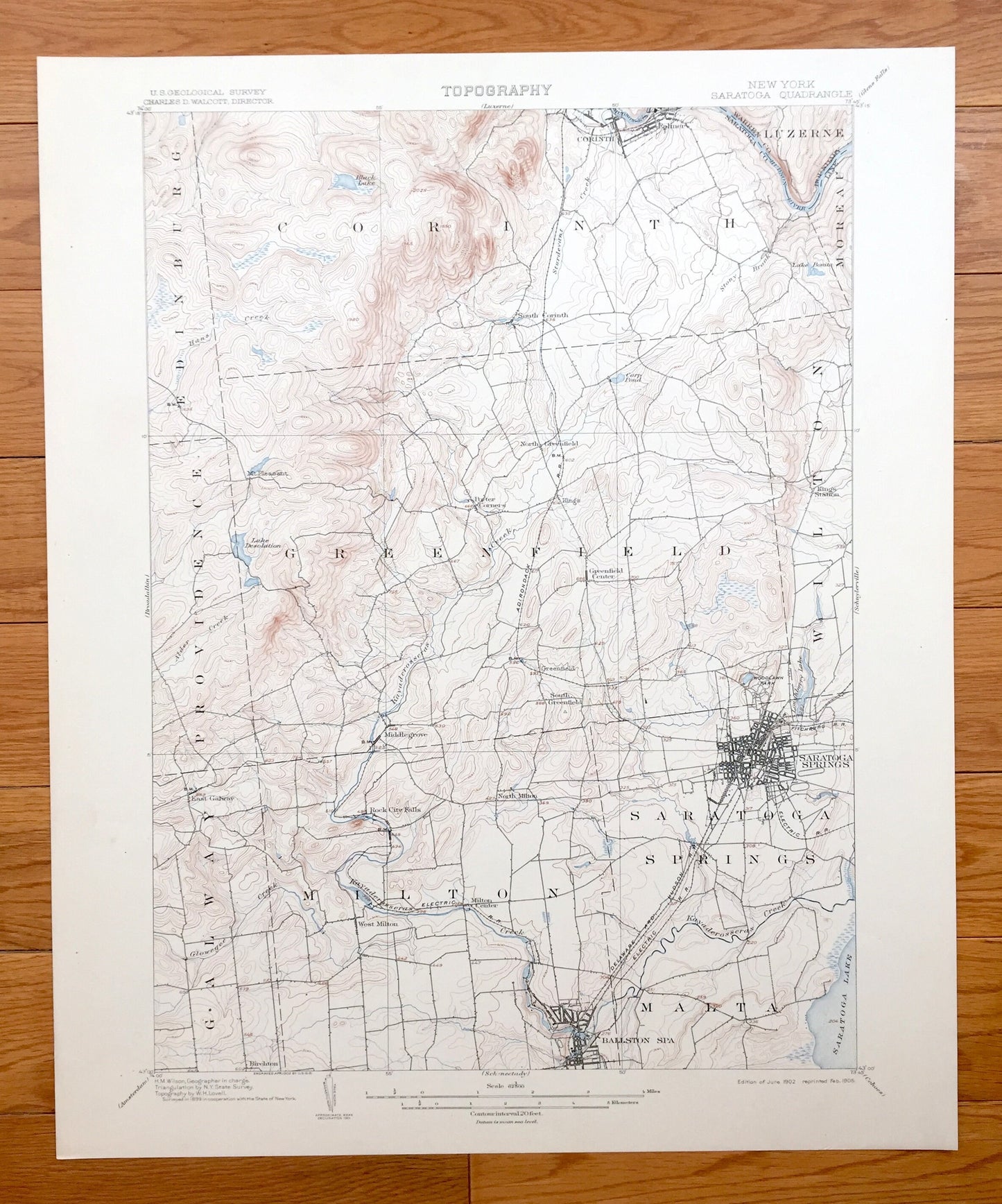 Antique Saratoga Springs, New York 1902 US Geological Survey Topographic Map – Ballston, Corinth, Palmer, Milton, Malta, Wilton, Greenfield