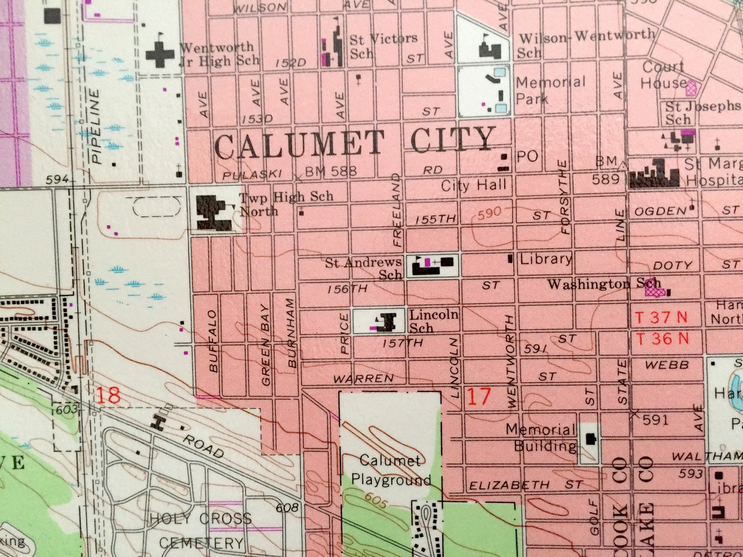 Antique Calumet City, Illinois 1968 US Geological Survey Topographic Map – Cook County, Thornton, Bloom, Chicago Heights, Glenwood, Dolton
