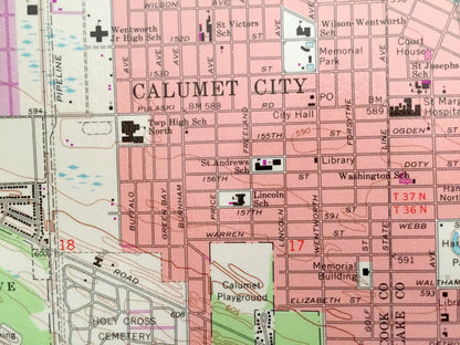 Antique Calumet City, Illinois 1968 US Geological Survey Topographic Map – Cook County, Thornton, Bloom, Chicago Heights, Glenwood, Dolton