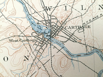 Antique Carthage, New York 1904 US Geological Survey Topographic Map – Jefferson, Lewis County, Champion, Denmark, Montague, Castorland, NY