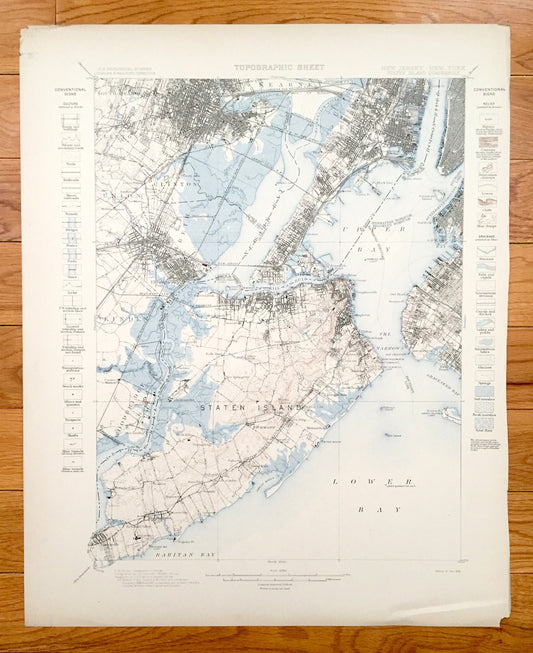 Antique Staten Island, New York City 1898 US Geological Survey Topographic Map – Manhattan, Brooklyn, Newark, Bayonne, Elizabeth, New Jersey