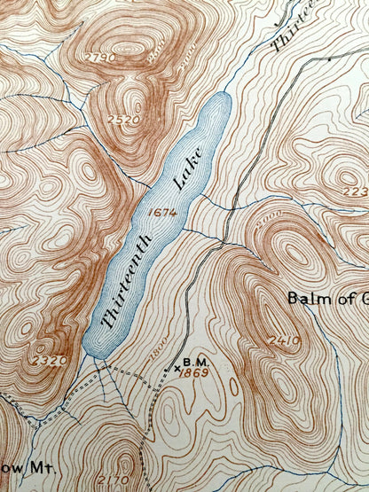 Antique Thirteenth Lake, New York 1898 US Geological Survey Topographic Map – Adirondacks, Indian Lake, Garnet, Johnsburg, Warren County NY
