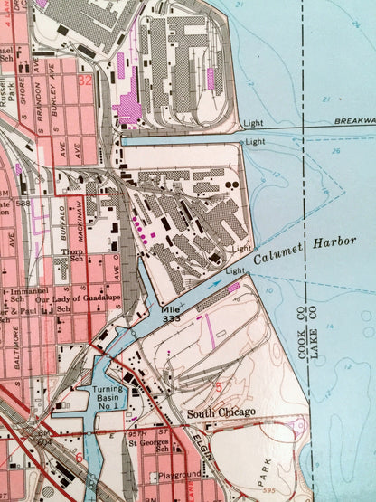 Antique Lake Calumet, Illinois 1965 US Geological Survey Topographic Map – Cook County, Chicago, Riverdale, Dolton, Burnham, Thornton