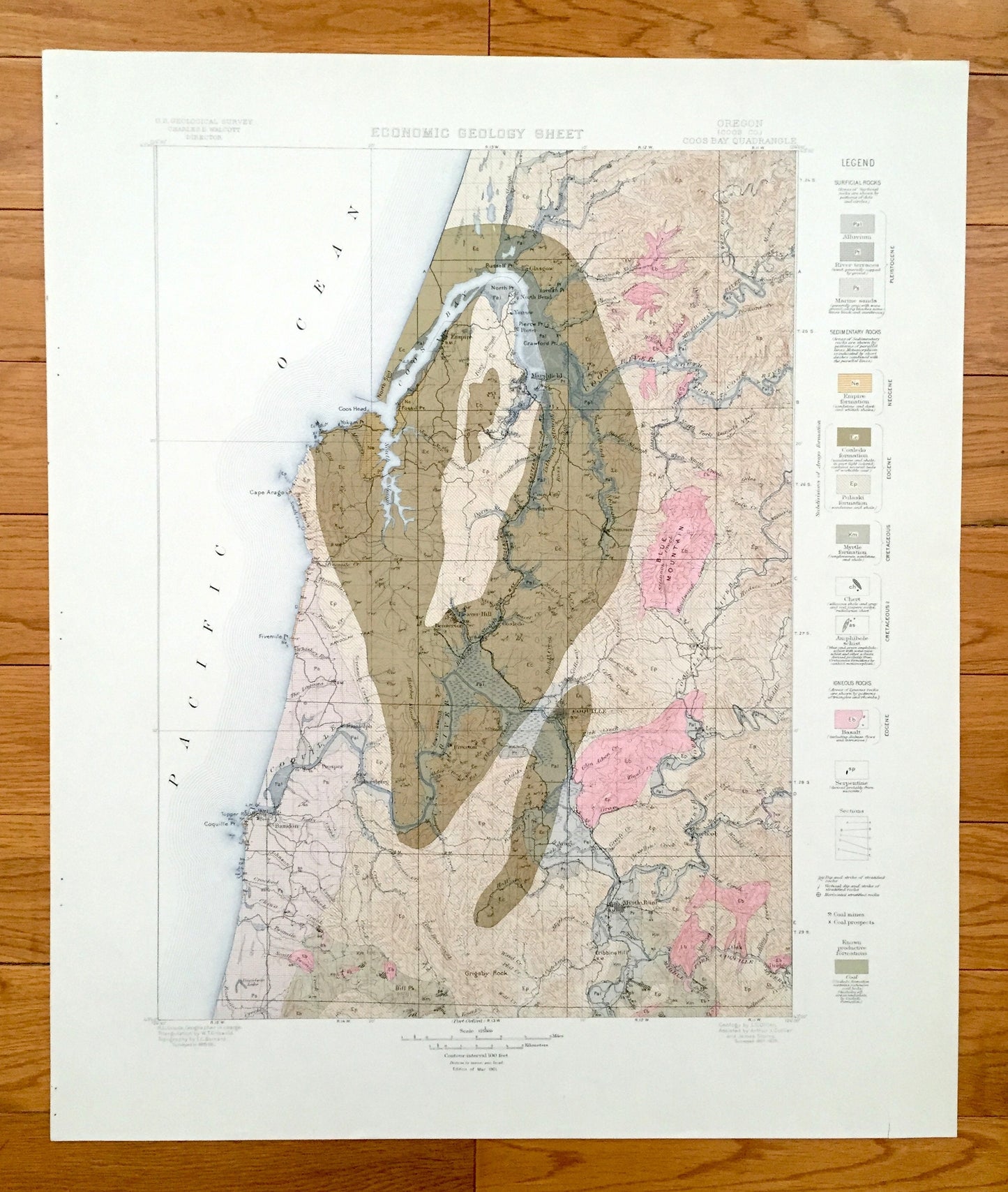 Antique Coos Bay, Oregon 1900 US Economic Geological Survey Map – Coquille, Cape Arago, North Bend, Empire, Bandon, Riverton, Parkersburg