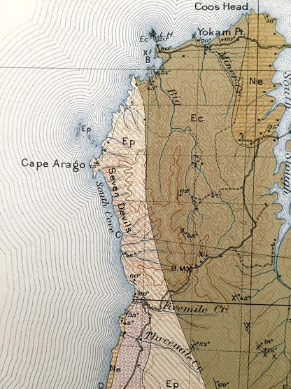 Antique Coos Bay, Oregon 1900 US Economic Geological Survey Map – Coquille, Cape Arago, North Bend, Empire, Bandon, Riverton, Parkersburg