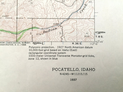 Antique Pocatello, Idaho 1937 US Geological Survey Topographic Map – Alameda, Fort Hall Indian Reservation, Caribou National Forest, Bannock