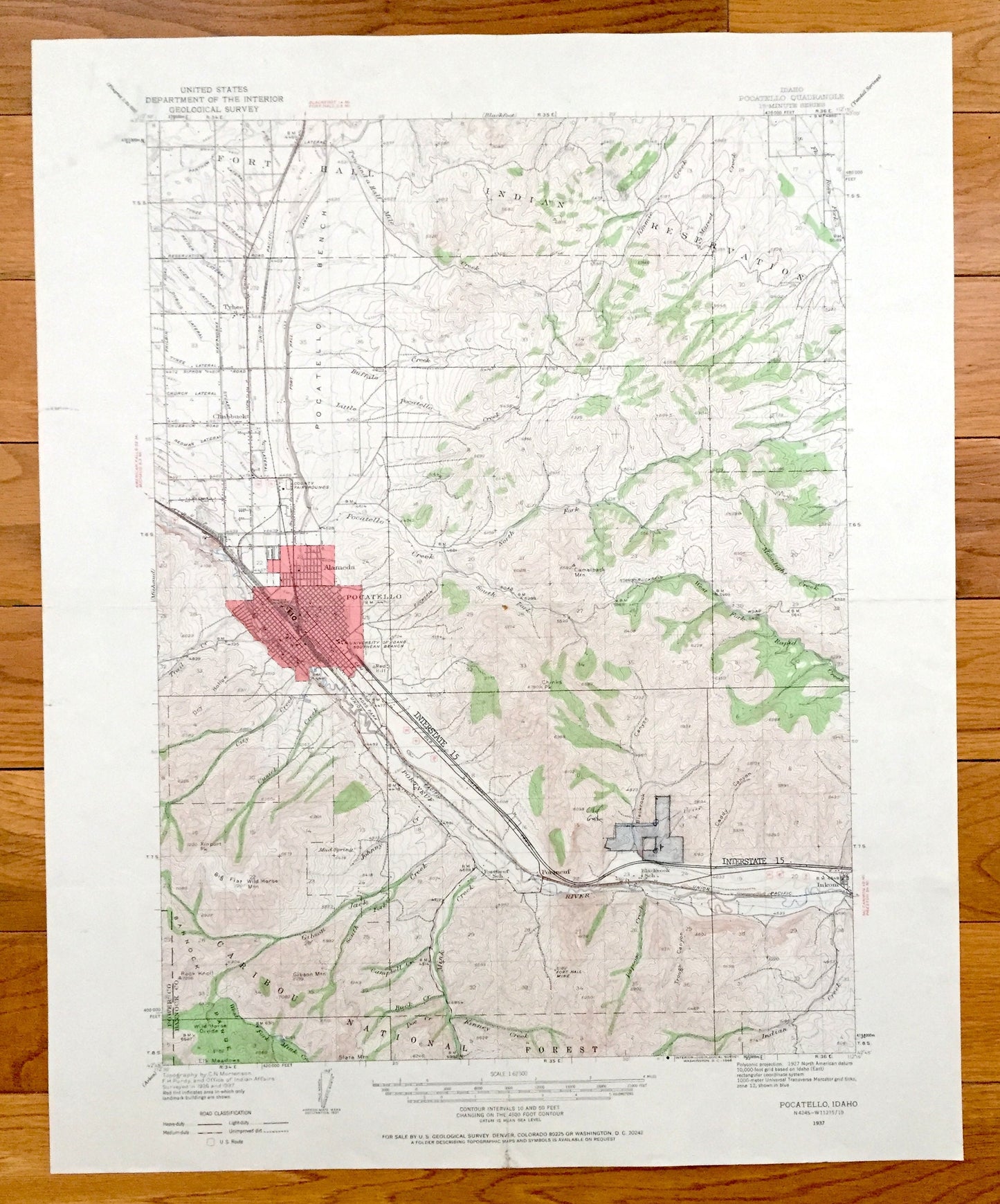 Antique Pocatello, Idaho 1937 US Geological Survey Topographic Map – Alameda, Fort Hall Indian Reservation, Caribou National Forest, Bannock