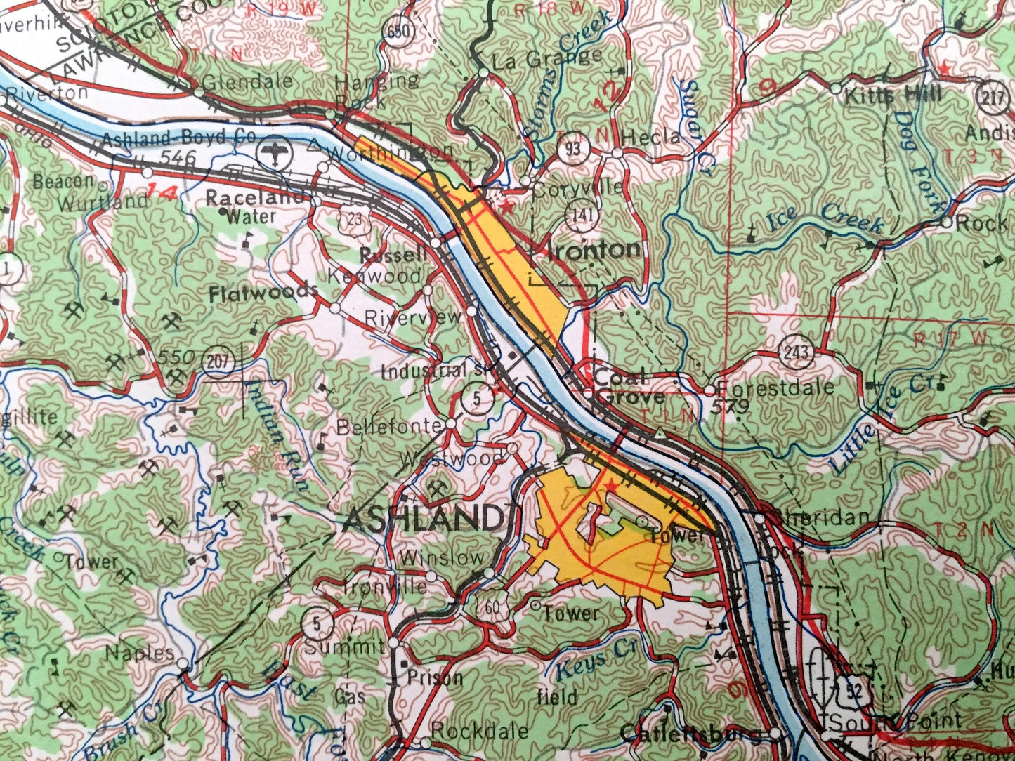 Antique Huntington, West Virginia 1957 US Geological Survey Topographic Map – Barboursville, Kenova, Cerede, Milton, Hurricane Chesapeake WV