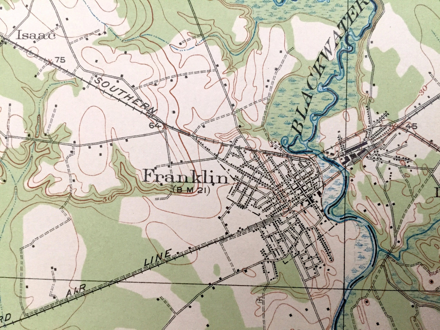 Antique Holland, Virginia 1920 US Geological Survey Topographic Map – Franklin, Riverdale, Delaware, Carrsville, Somerton, South Quay, VA