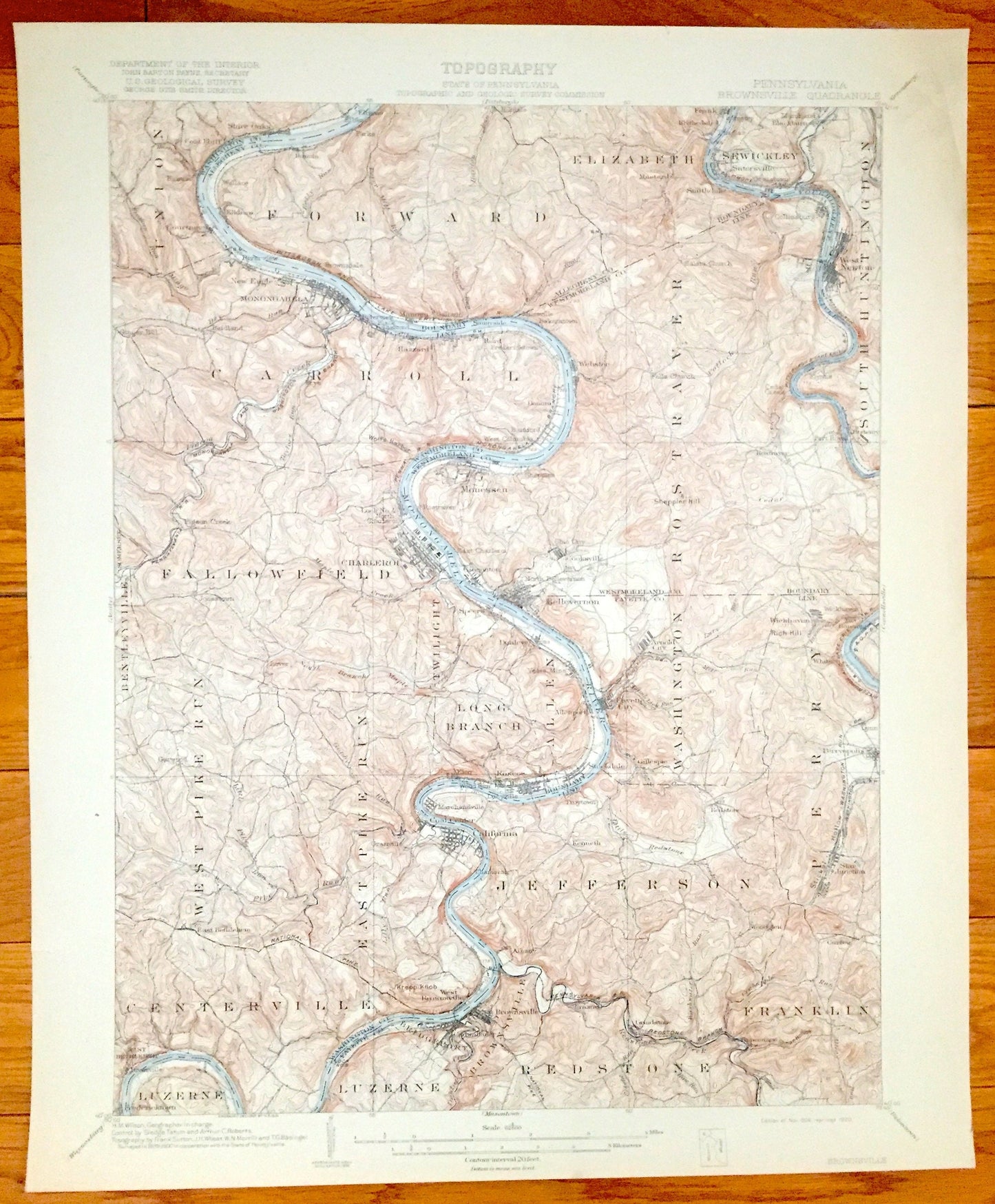 Antique Brownsville, Pennsylvania 1906 US Geological Survey Map – California, Charleroi, Monongahela, West Newton, Webster, Coal Center, PA
